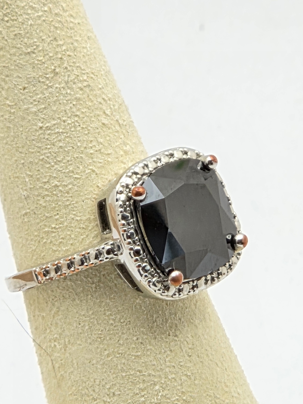 Silver Tone Black Cushion Cut Gemstone Ring Halo Accent Size 7